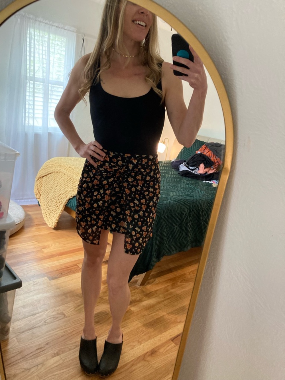 Blue Rain Black Mini Skirt with Orange Floral Print